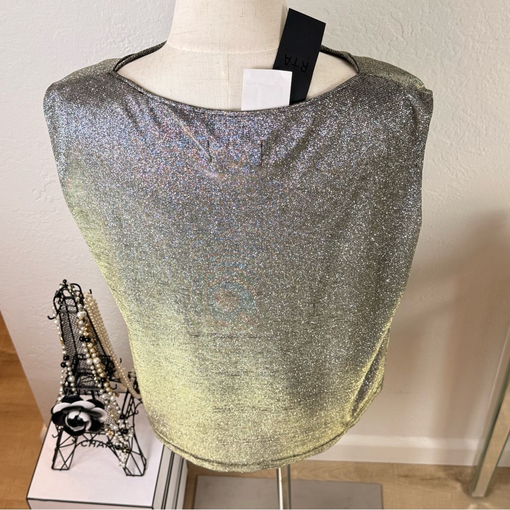 NWT RtA Disco‎ Metallic Draped Cowl Neck Sleeveless Top Silver Gold M Edgy Luxe - Picture 4 of 12
